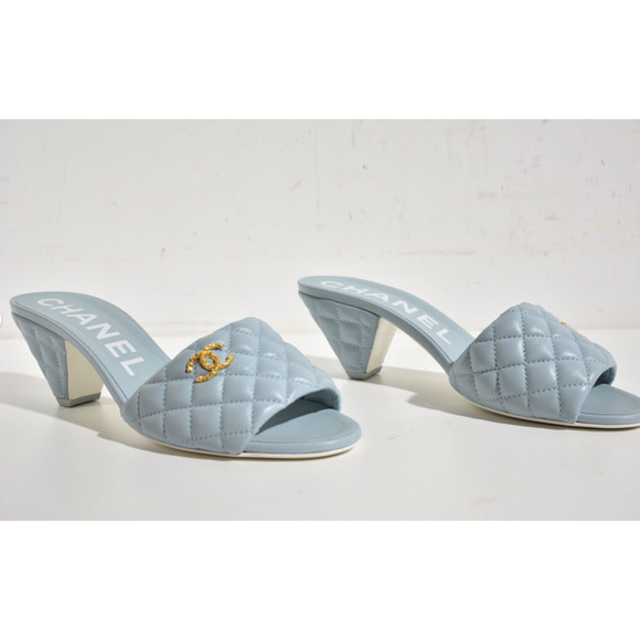 Chanel 22P Blue Lambskin Quilted CC Gold Logo Cone Heel Mule Slide Sandal 41.5 - Picture 6 of 12